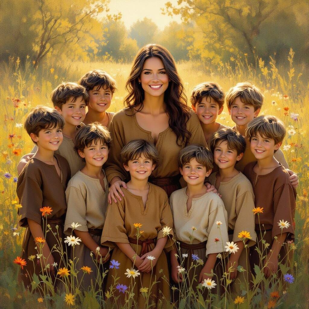 Mother and Her Twelve Sons in Sunlit Meadow