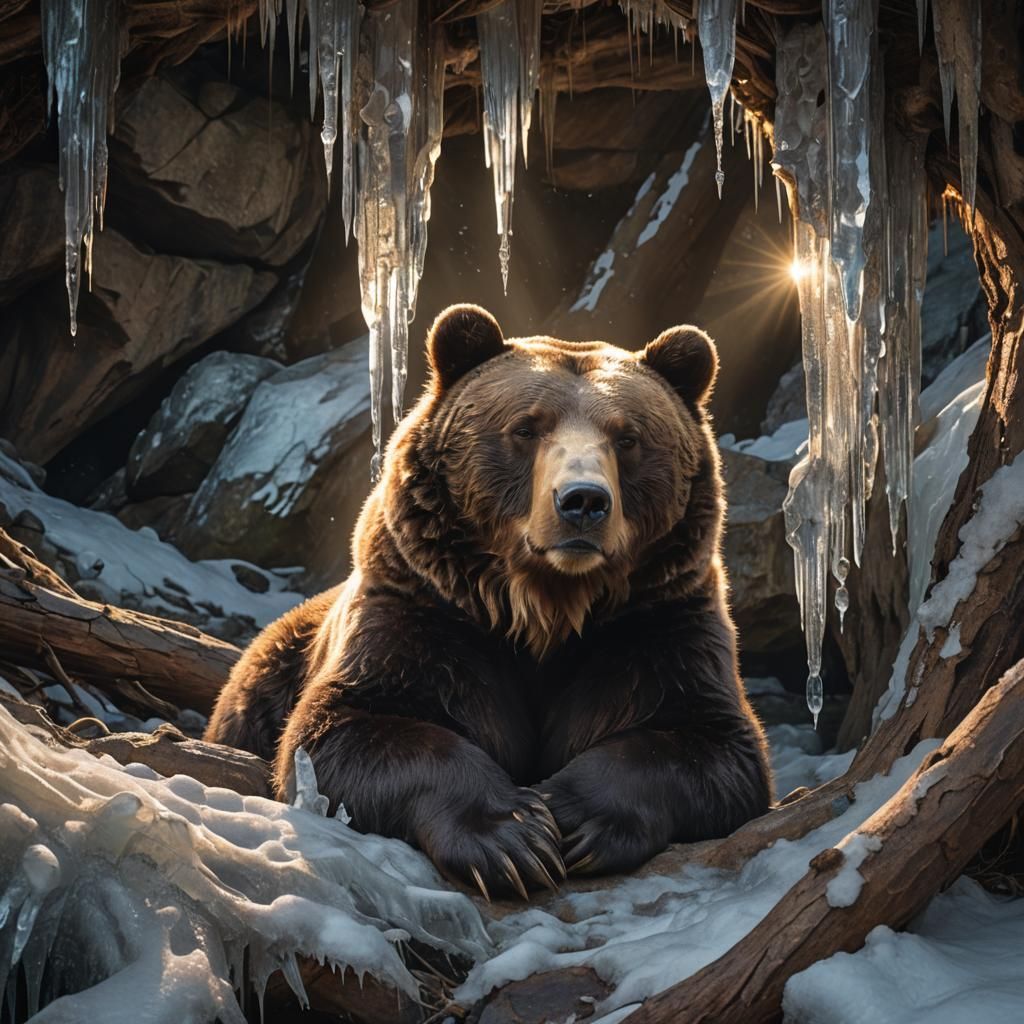 Hibernating Bear Den: Hyper-Realistic Wildlife Art