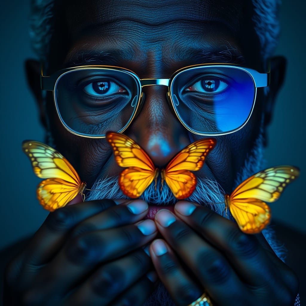 close-up portrait elderly Black man gray beard, under blue l...