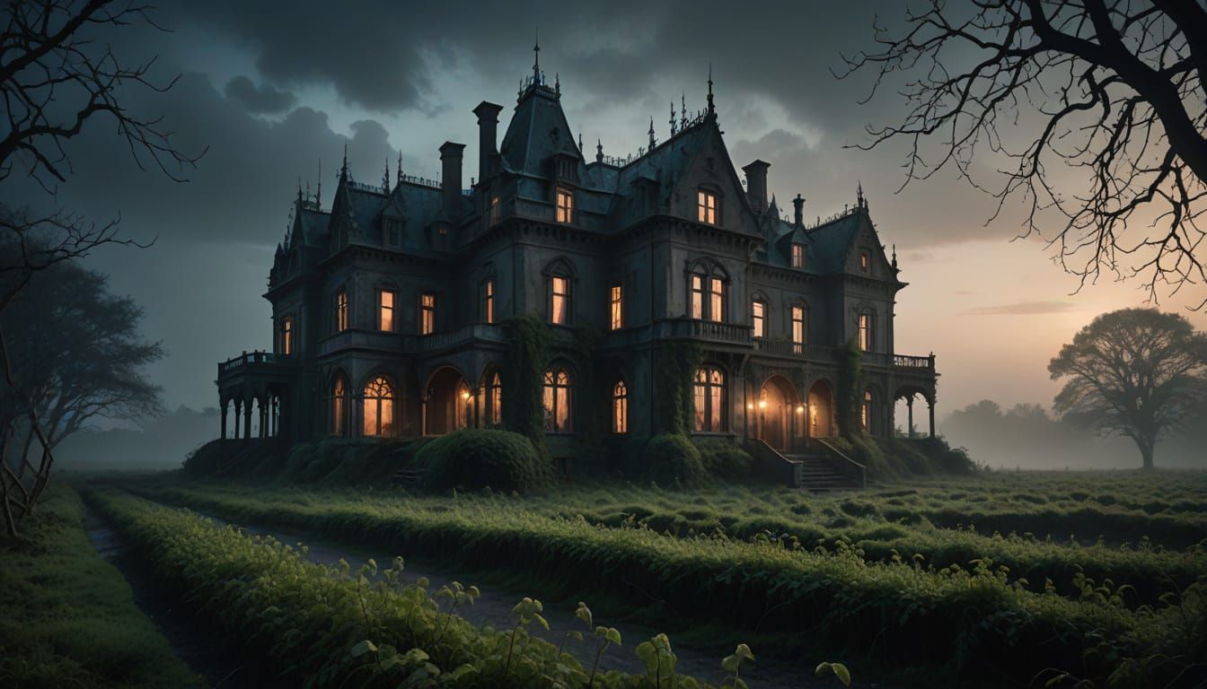 Abandoned Gothic Villa in Misty Twilight
