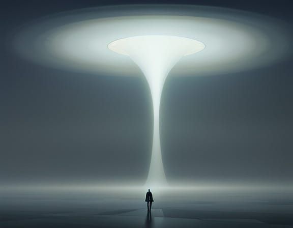 Surreal Figure Emerges from Ethereal Mist in a Geometric Sil...