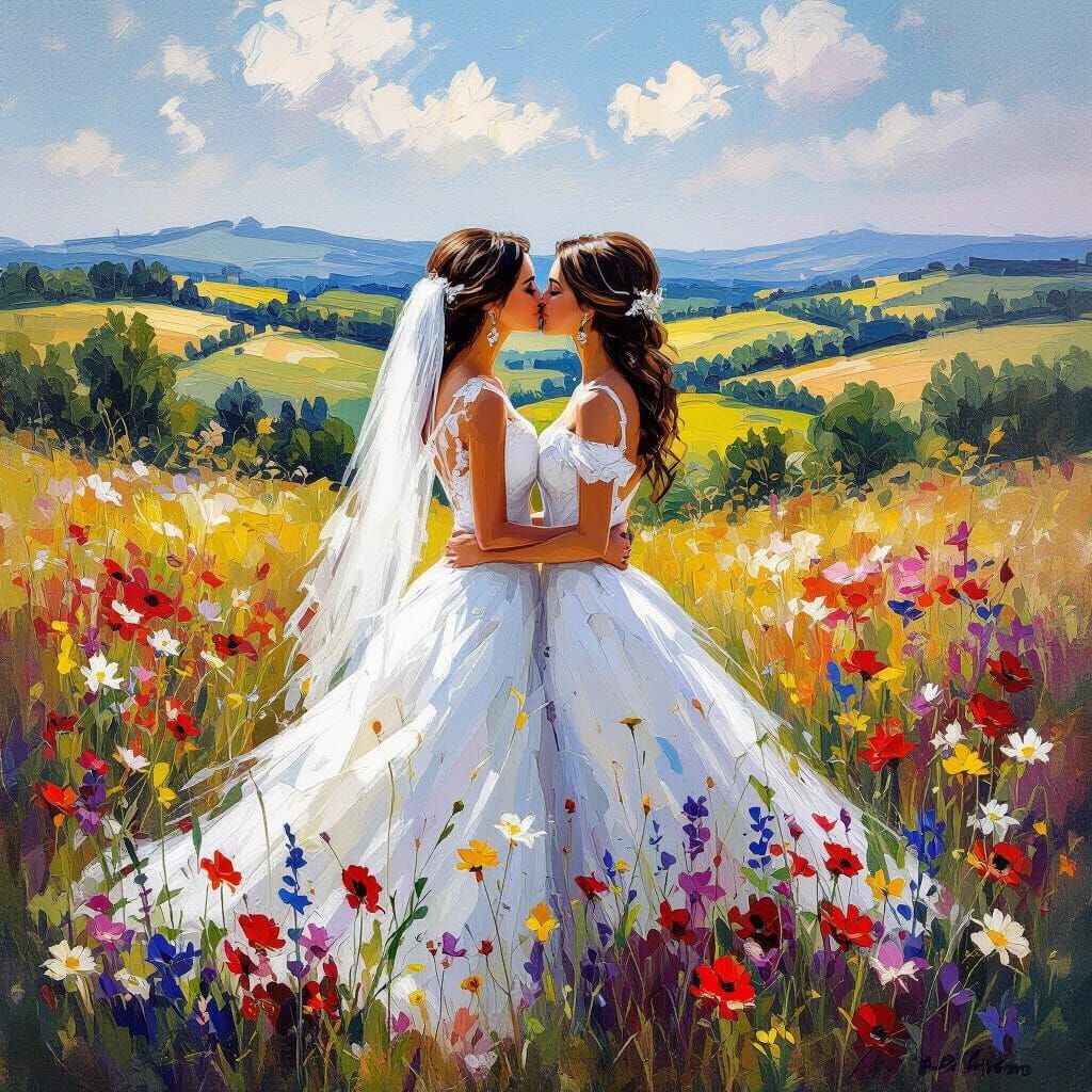 Women Kissing in Meadow, Impasto Style