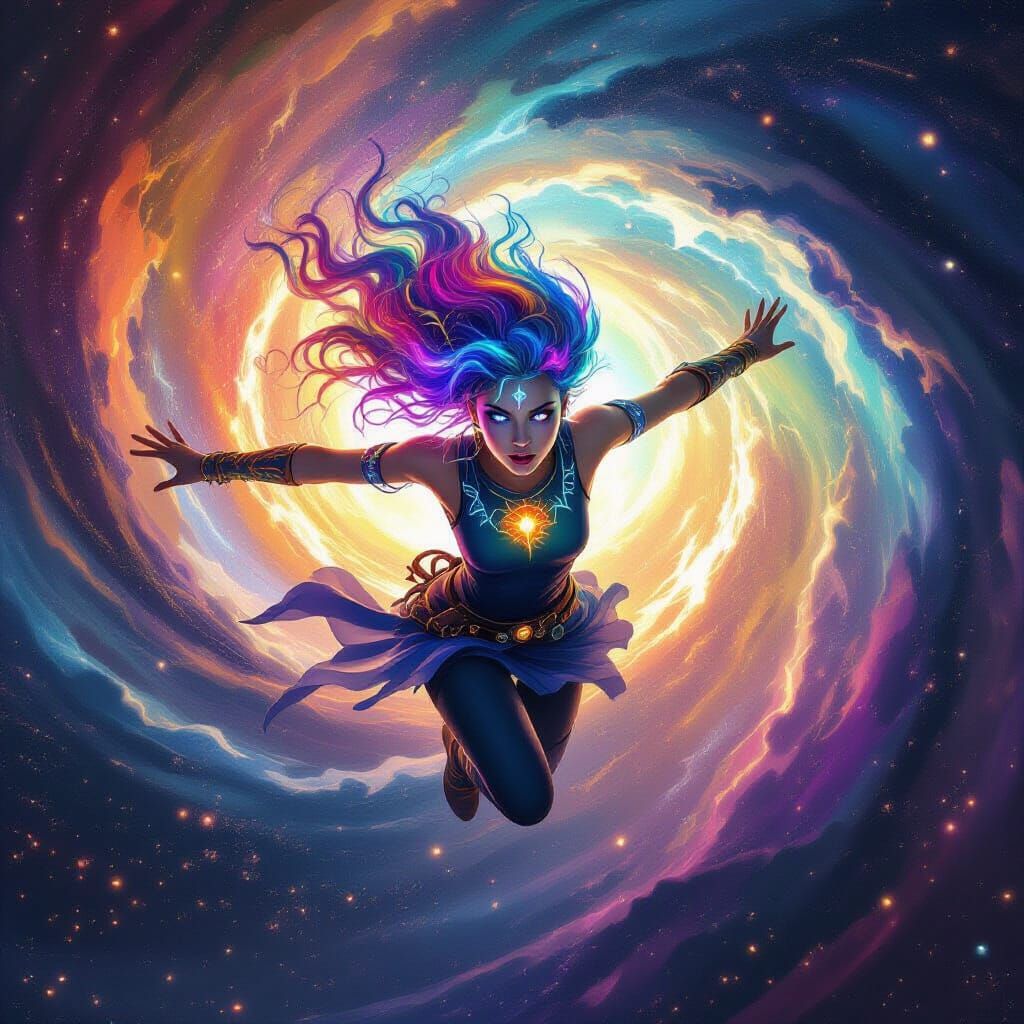 Woman Leaping Through Cosmic Vortex in Surreal Digital Art