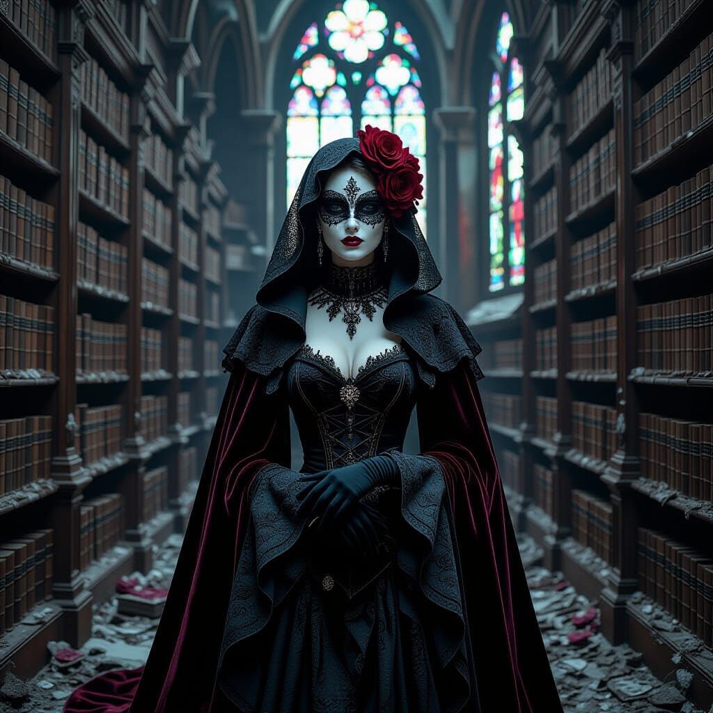 Spectral Harlequin in Gothic Library: Airbrush Art