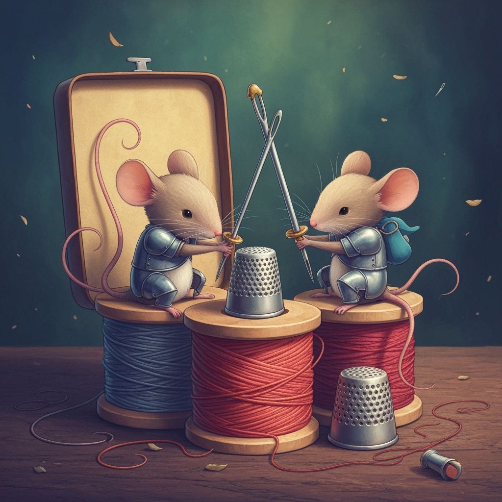 Mice Children Play Knights in Sewing Box