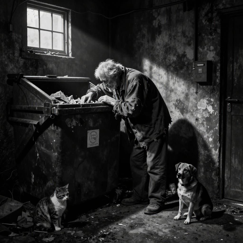Elderly Person Rummaging Through Dumpster in Dramatic Alleyw...