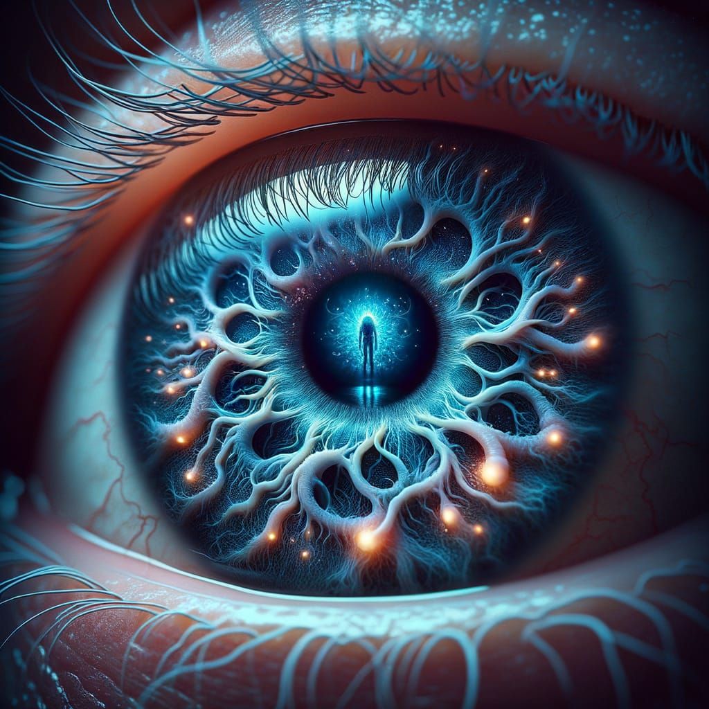 Bioluminescent Eye Reflecting a Dark Creature