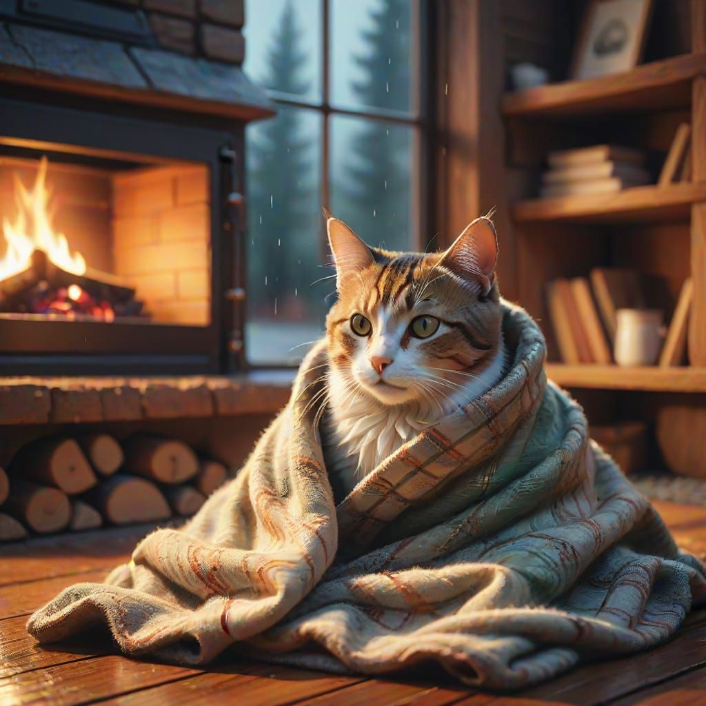 Cozy Cat by Fireplace in Rainy Evening: Illustration