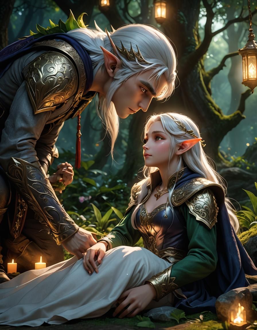 White hair elf prince leaning down to kiss his beautiful tro...
