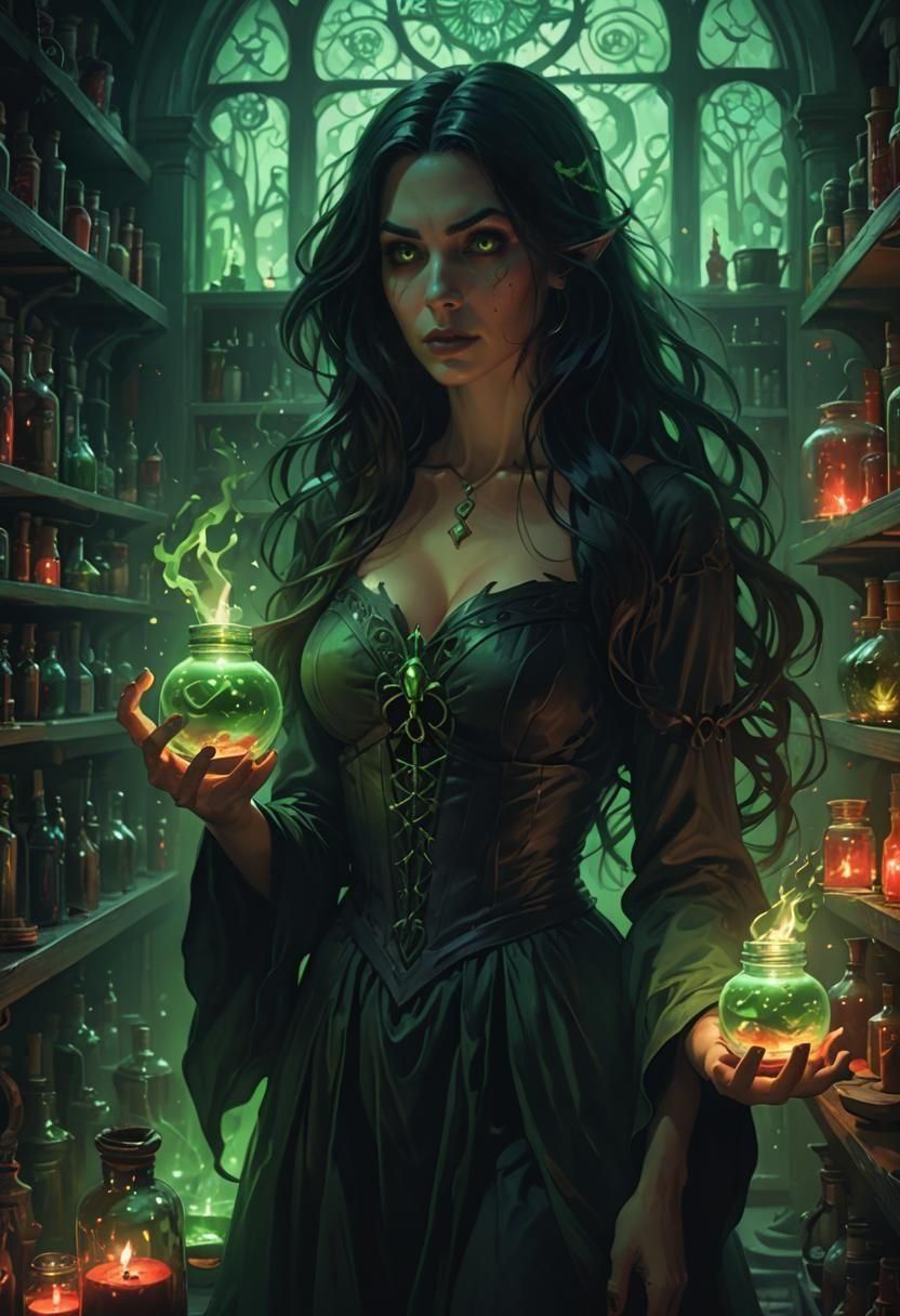 Intense Witch in Potion Room: Dark Fantasy Art
