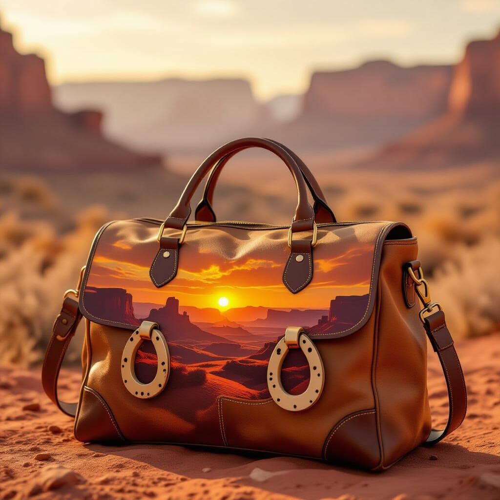 Worn Leather Travel Bag with Desert Sunset Canyon