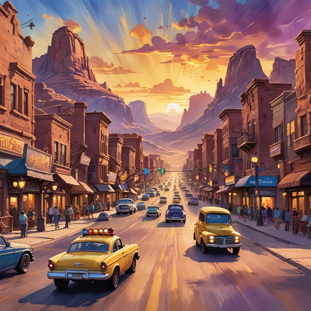 Pixar-Inspired Concept Art of Radiator Springs at Sunset