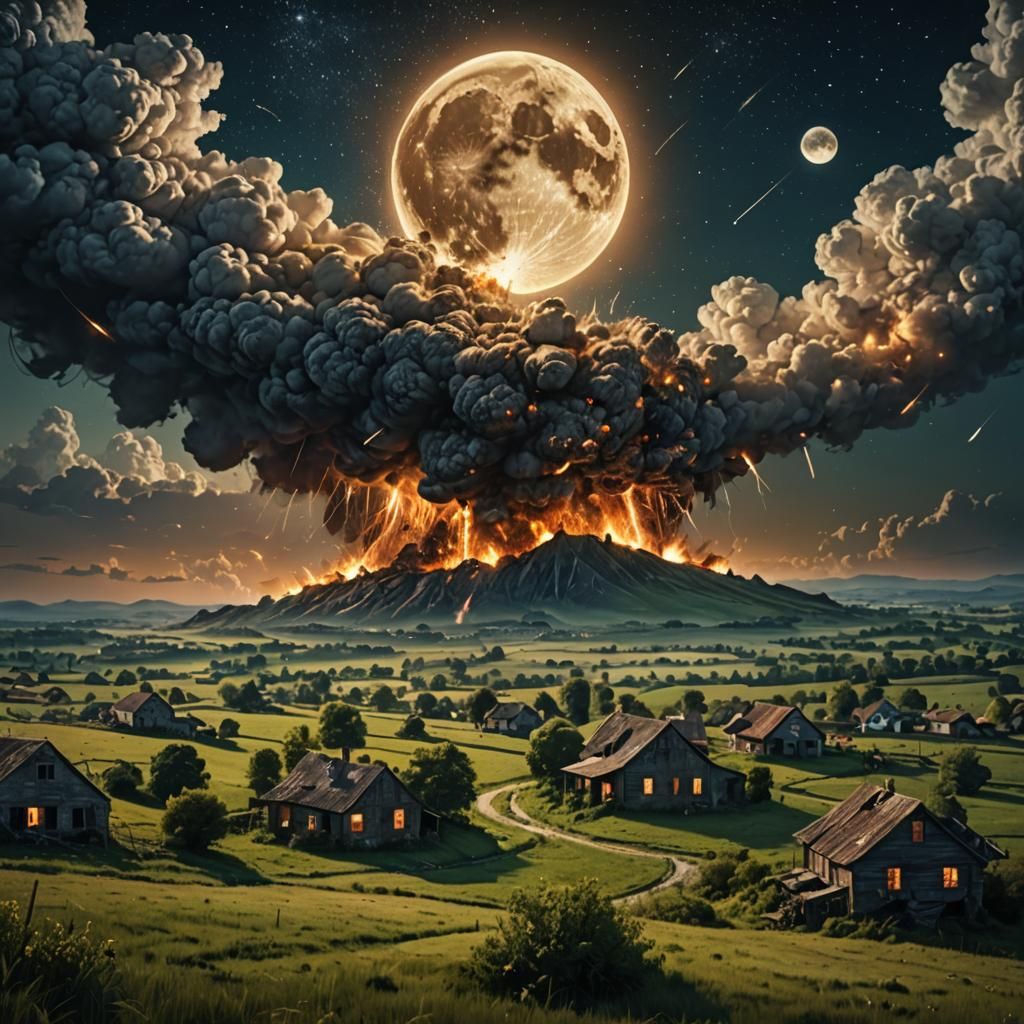Exploding Moon Over Rural Landscape: Digital Matte Painting
