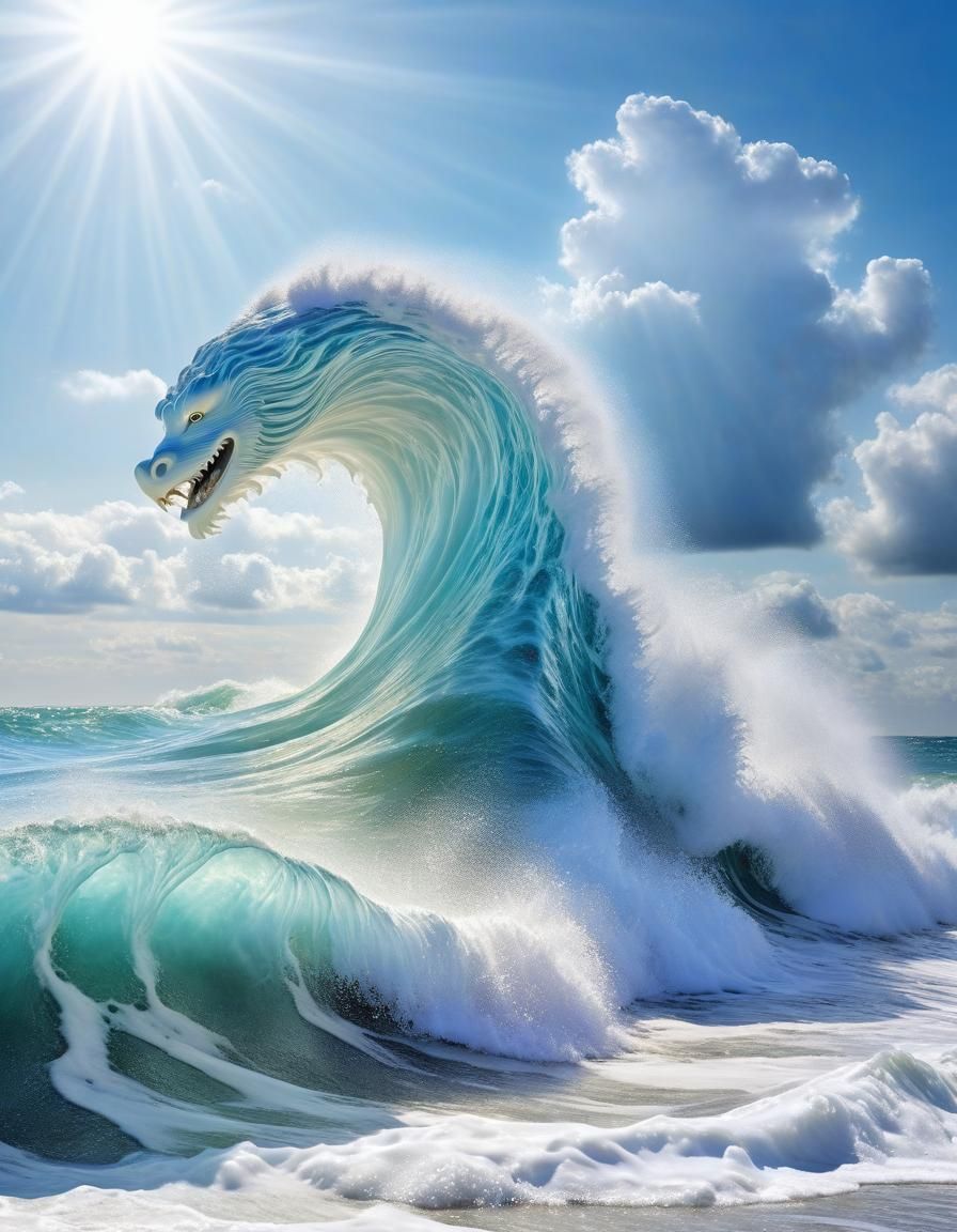 Wave Sea Monster with Ethereal Glittering Background