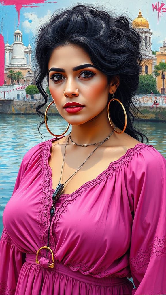 Palestinian Woman in Bohemian Dress: Polychromatic Oil Paint...