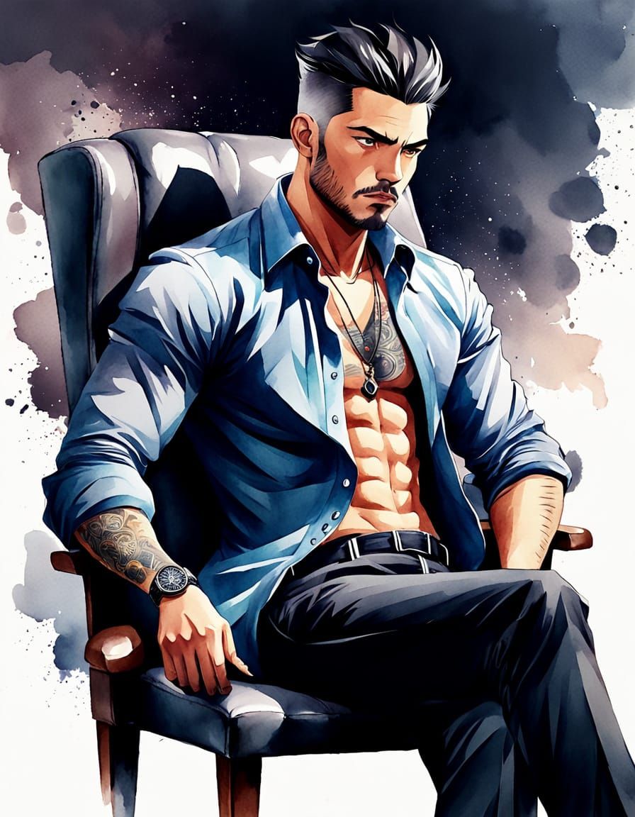 Tattooed Mafia Boss in Soft Anime Style