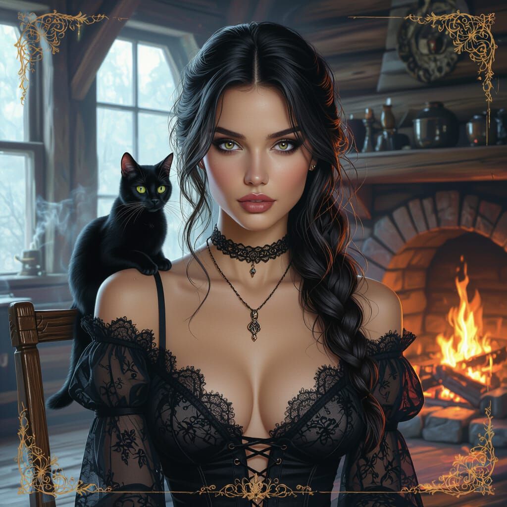 Seductive Witch and Black Cat in Rustic Cabin