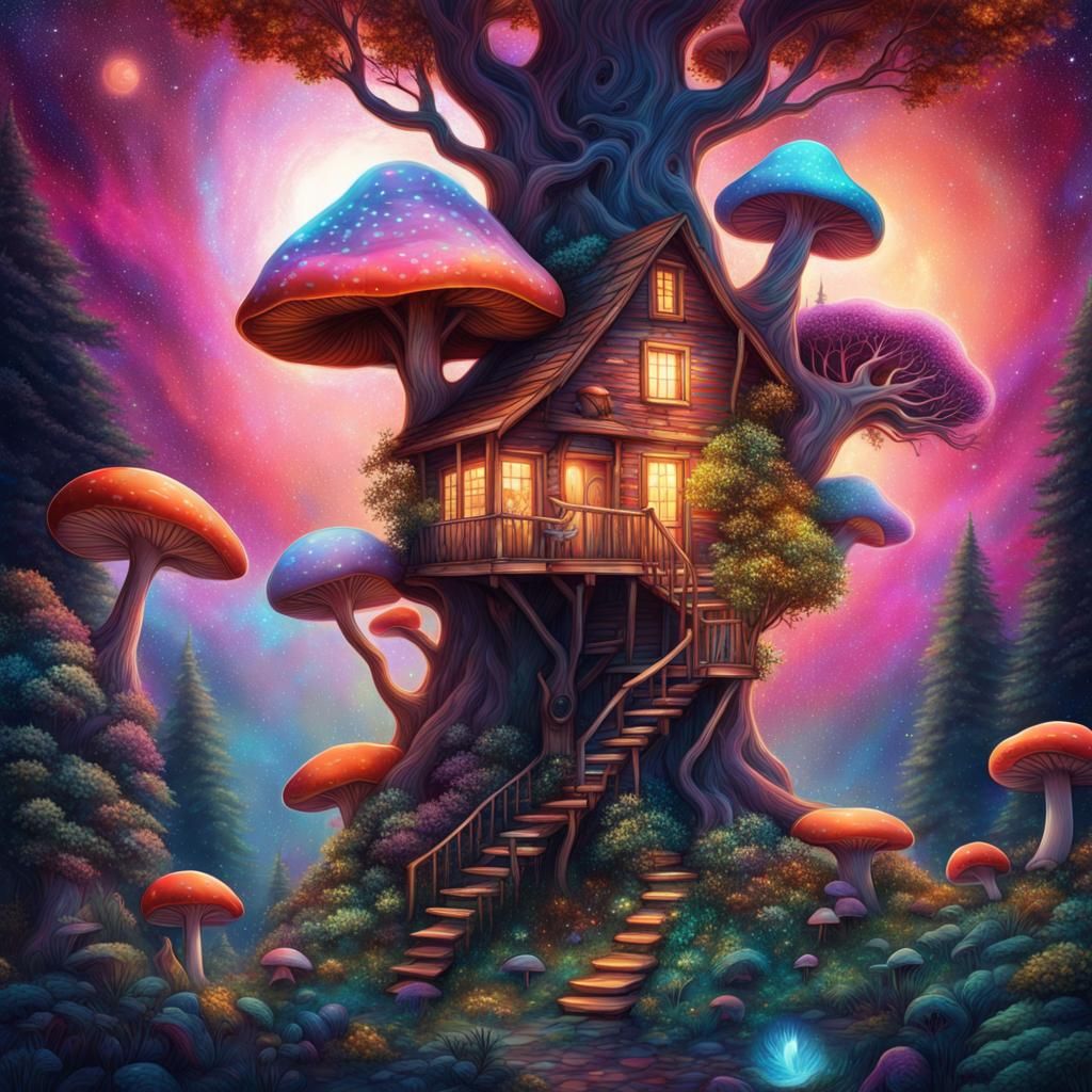 Cosmic Treehouse at Midnight: Astral Illustration