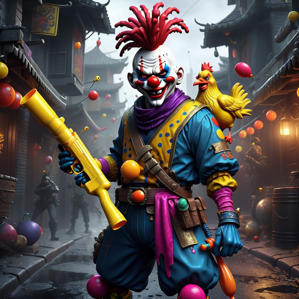 A ninja clown holding a squirt gun and a rubber chicken on a...