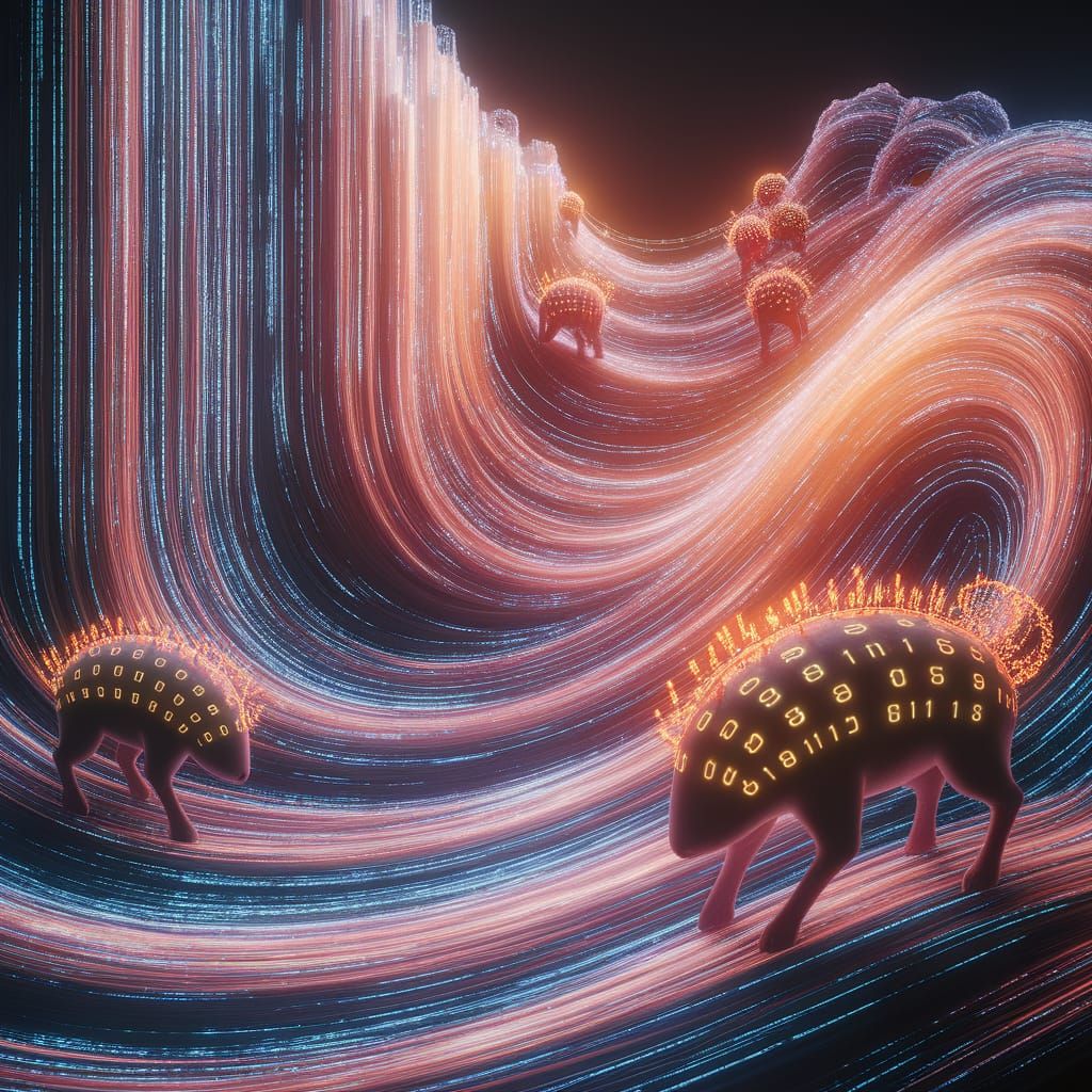 Ethereal Binary Code Landscape with Digital Creatures
