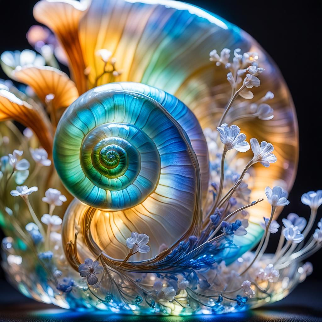 Bioluminescent Flowers in Glass Snail Sculpture