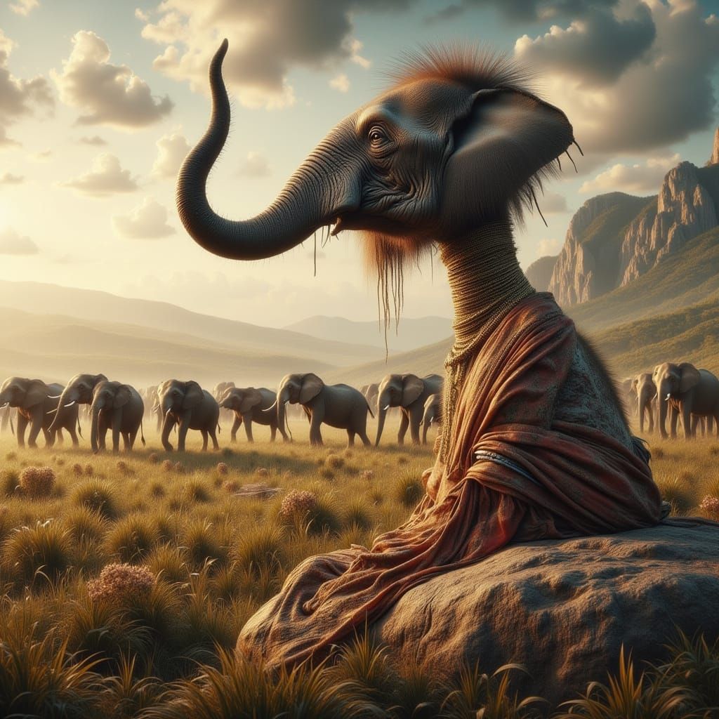 Padaung Woman and Giant Elephants in Post-Impressionist Styl...