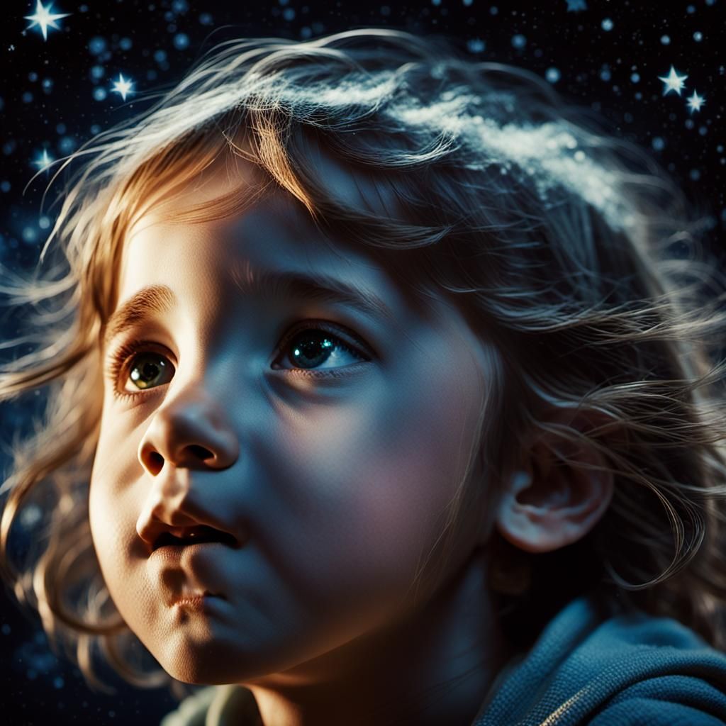 Child's Face Lit by Stars: Cinematic Film Still