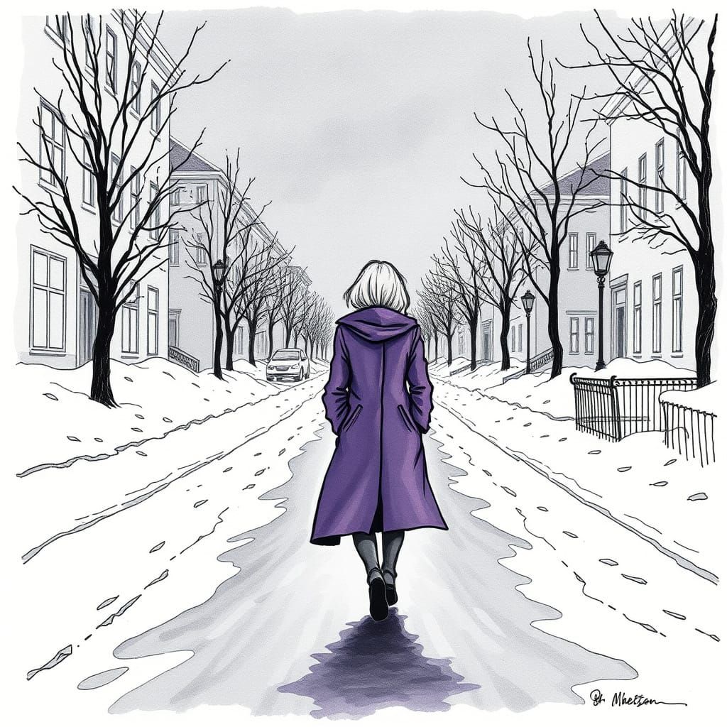 Woman in Purple Coat: Minimalist Ink Line Art