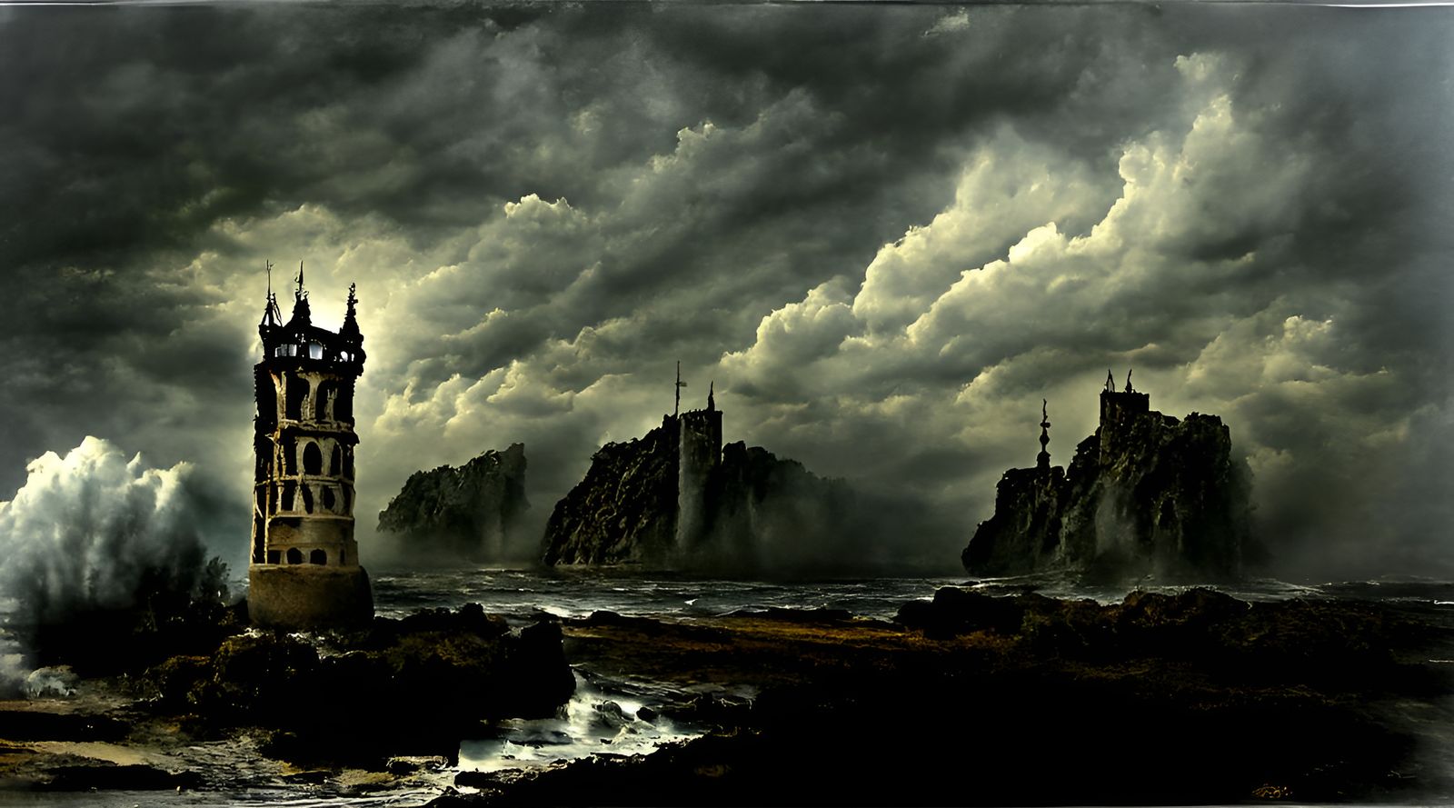 Gothic Tower Amidst Seaside Storm: Matte Painting