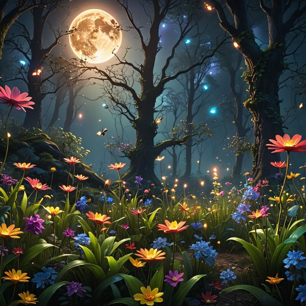 Enchanted Forest Flowers with Fireflies: Fantasy Matte Paint...