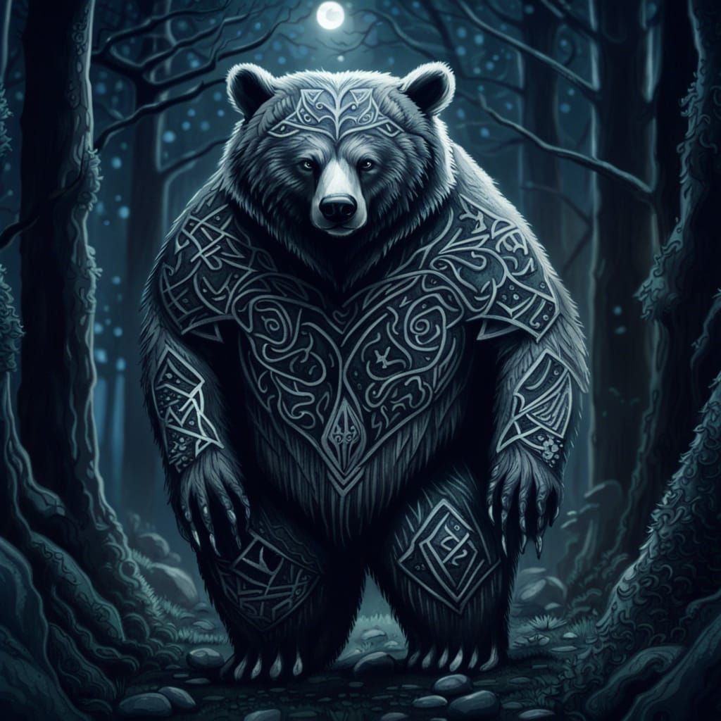 Runed Bear Walks Through Moonlight Forest