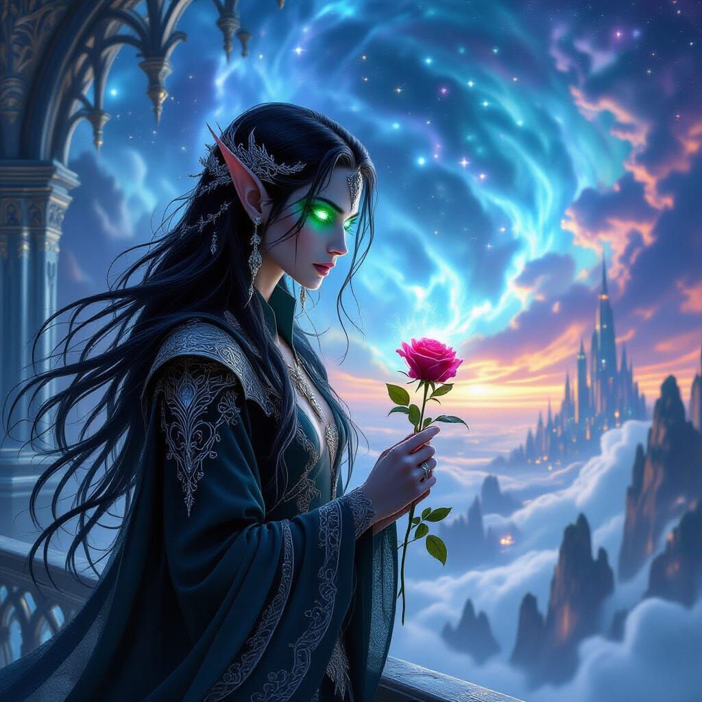 Ancient Elf on Crystalline Bridge Over Nebula