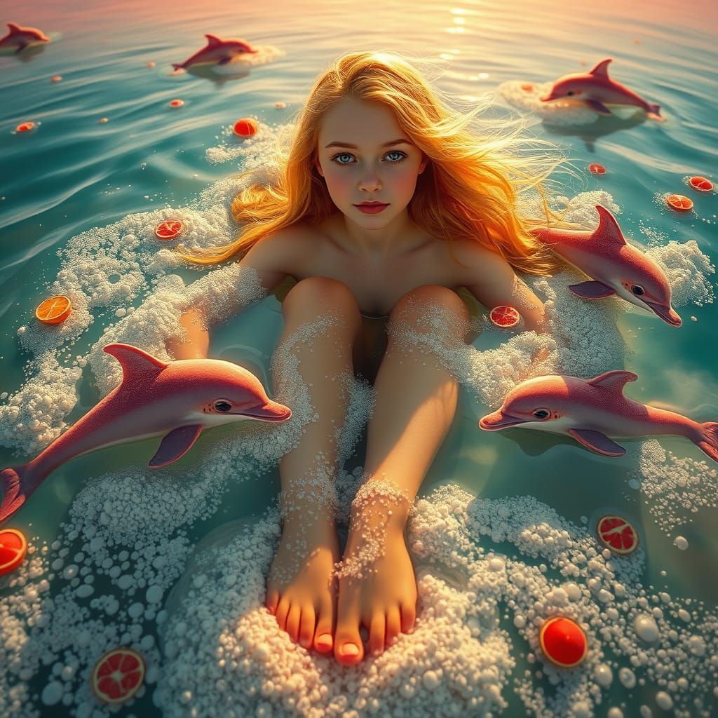 Dreamlike Soda Sea with Candy Dolphins in Digital Art Style