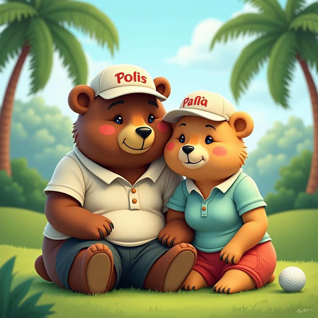 Bears Play Golf in Malaysia, Cartoon Style
