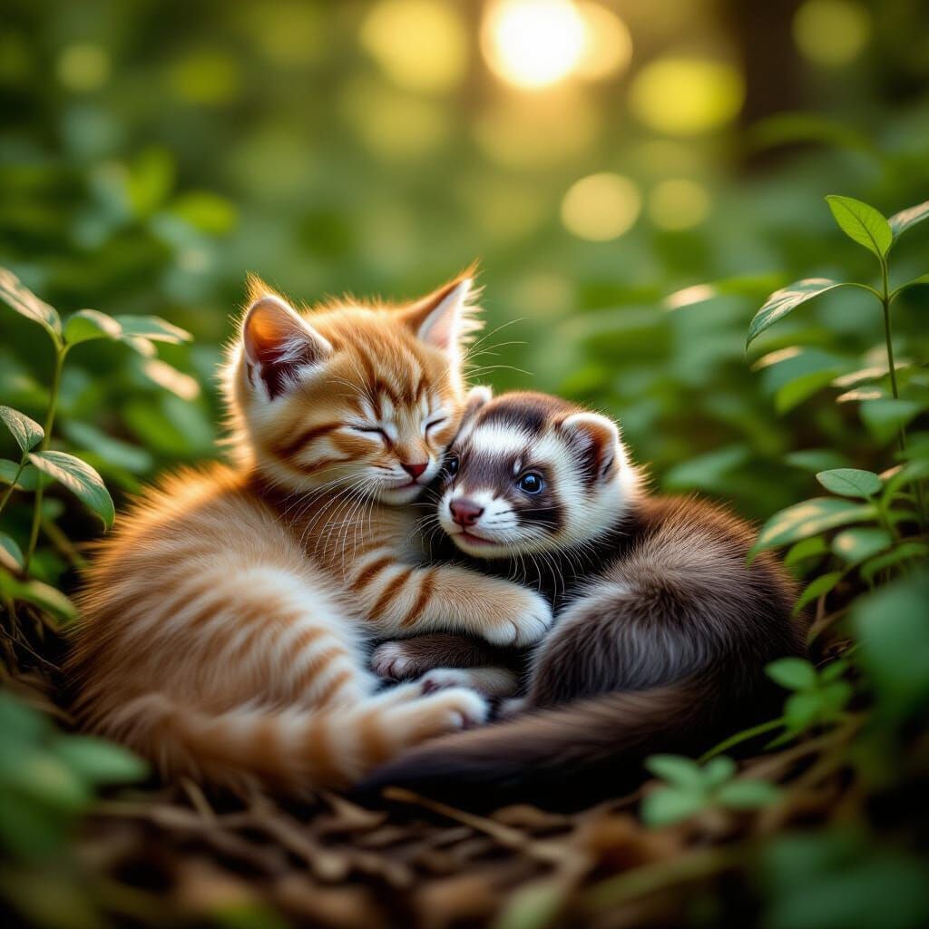 Kitten and Ferret Snuggle in Forest Scene