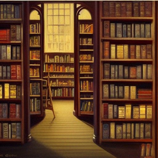 Creepy 1930s Bookstore Interior in Oil Painting Style