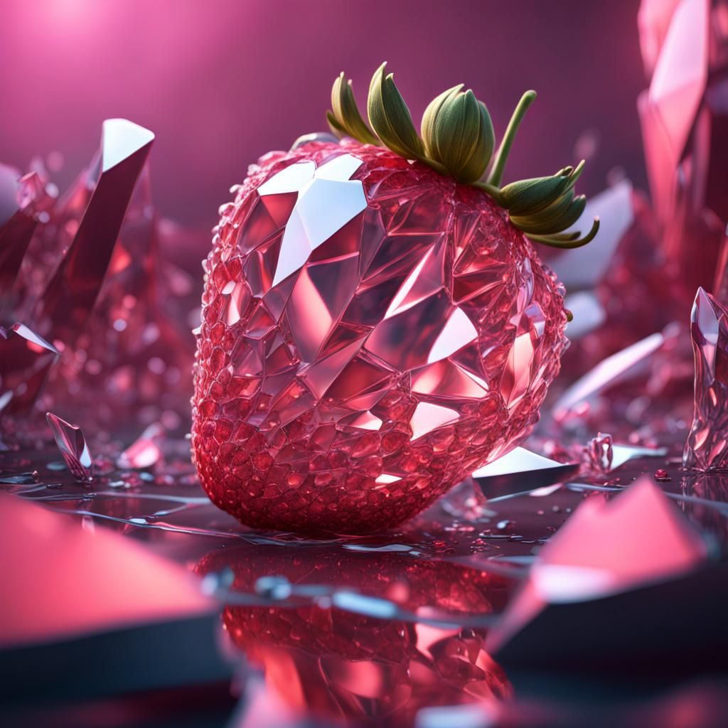 Crystal Strawberry with Shattered Glass Background