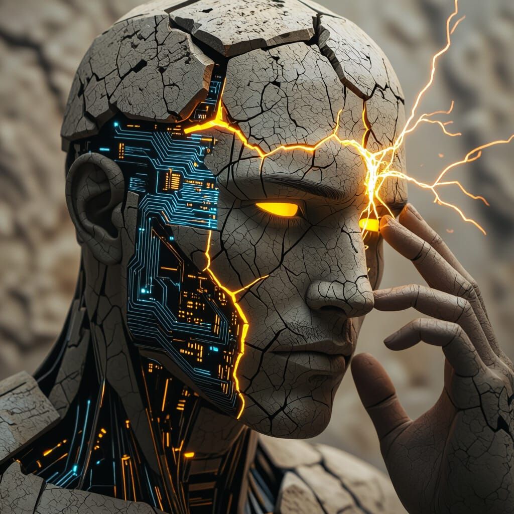 Stone and Circuitry Fusion Face in Dramatic Lighting