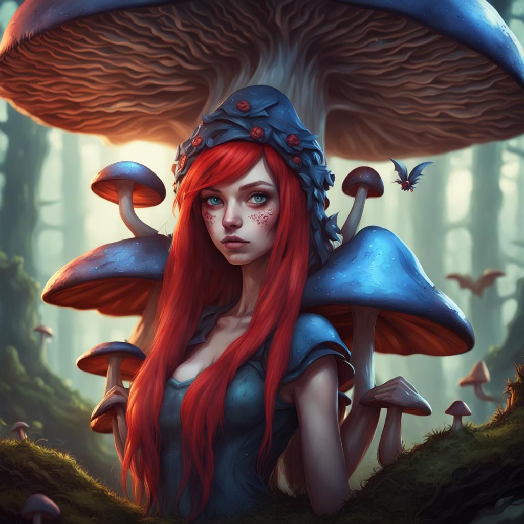 Anime Mushroom Woman in Forest, Digital Art
