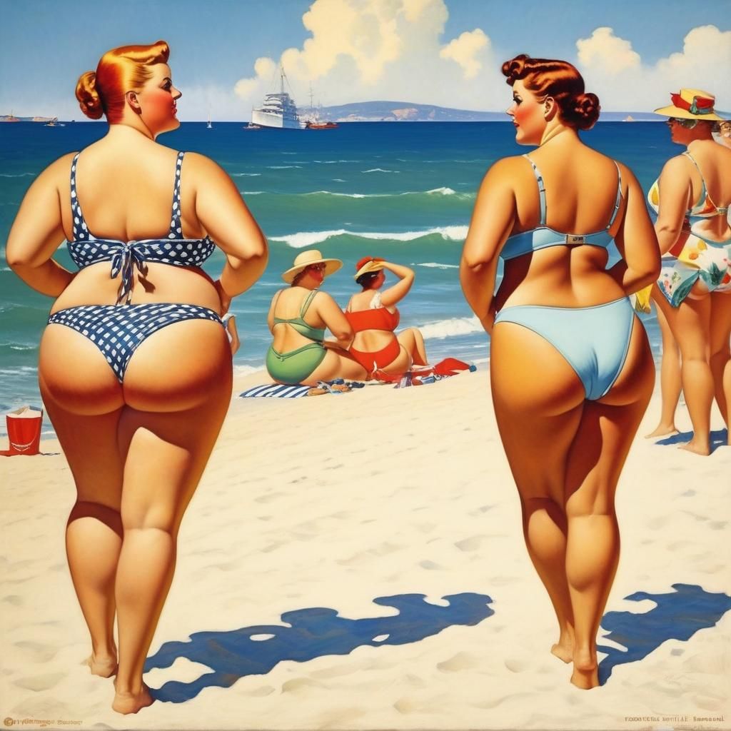 Endlich Urlaub, 2 badende Frauen.  (003) (Rockwell-Frauen)