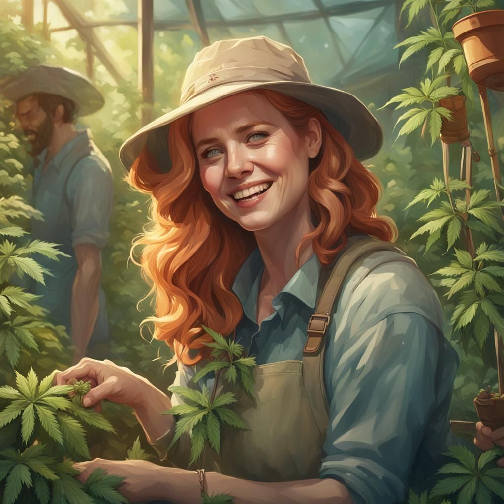 Smiling Woman tending Cannabis Garden, Digital Art