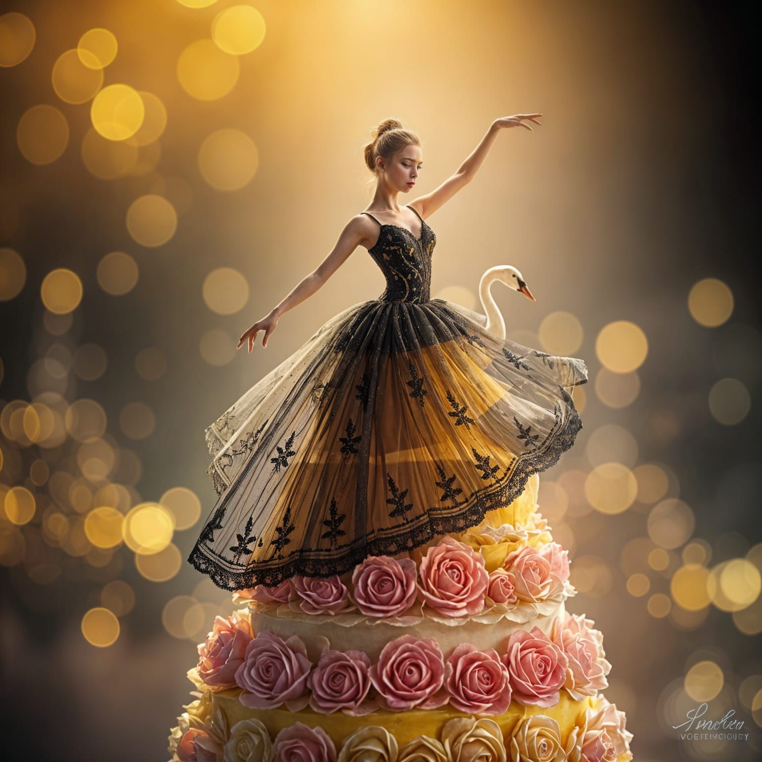 Ethereal Ballerina in Opulent Black and Gold Costume Dancing...