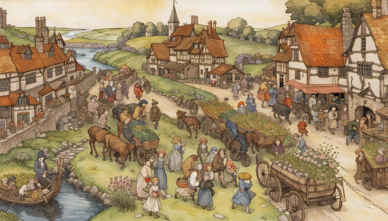 Medieval Village Market Day in Storybook Style