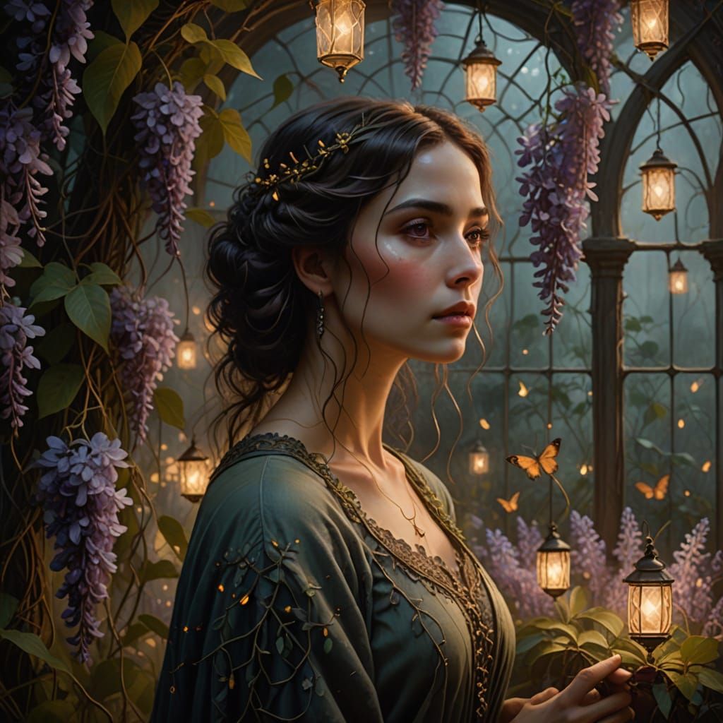 Portuguese Woman in Ethereal Greenhouse, Baroque Oil Paintin...