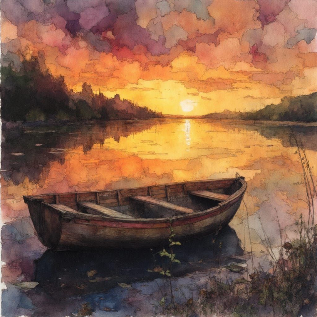 Weathered Rowboat on Lake at Summer Sunset