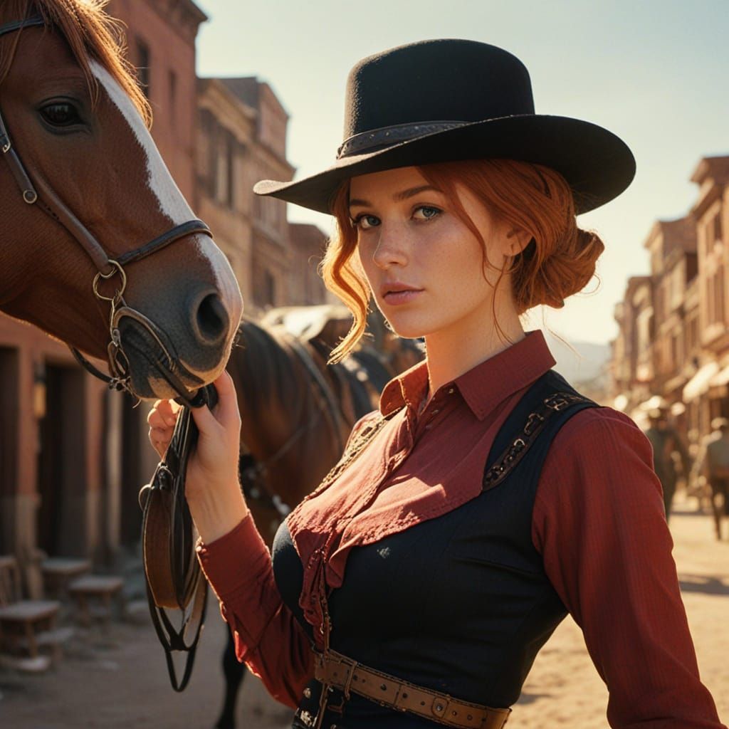 Confident Lady in Western Gear, Shot in Vibrant Old West Set...