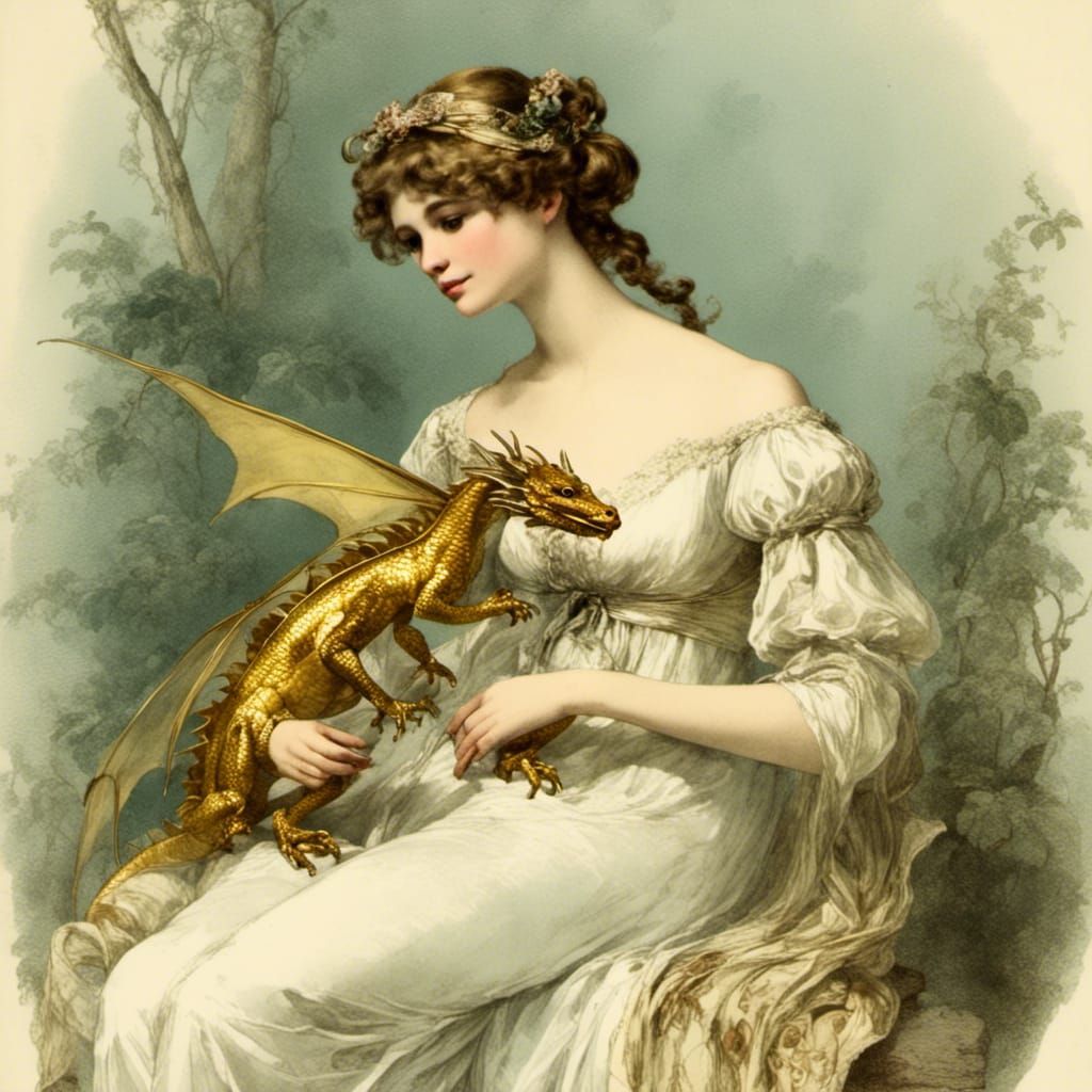 Golden Dragon Hatchling and Regency Lady