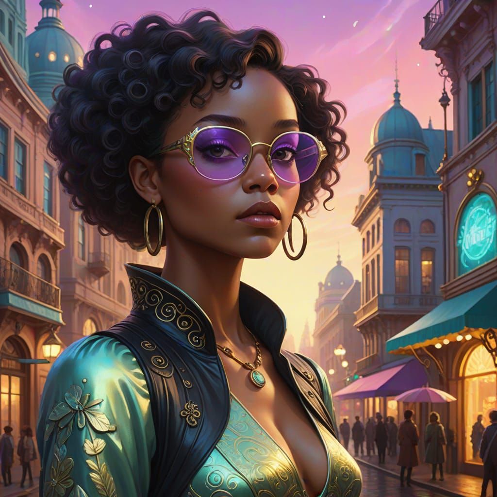 Futuristic Woman in Techno Rococo Cityscape