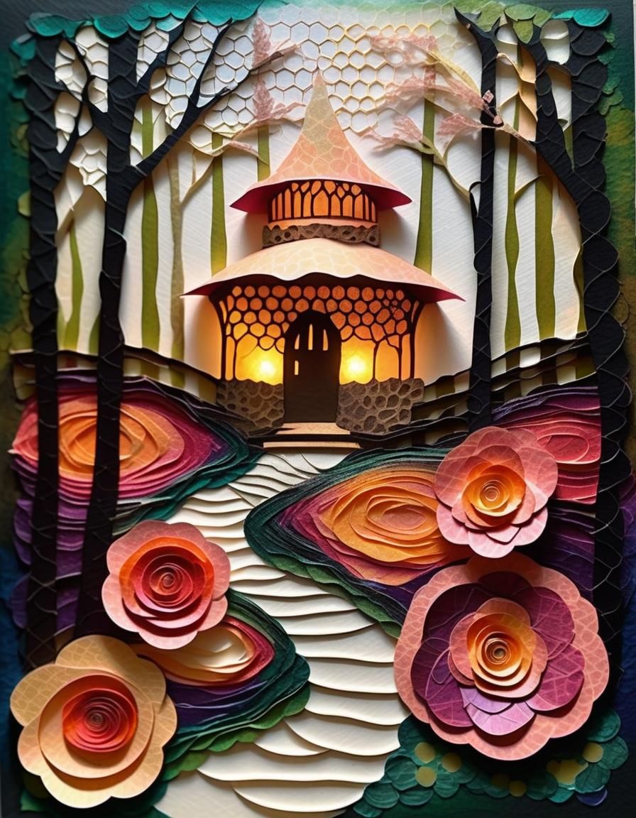 Enchanted Forest Path Collage with Fantasy Building