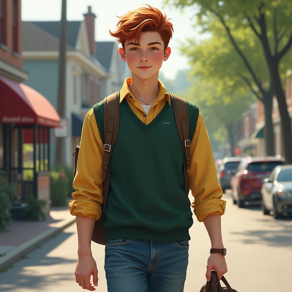 Hyperrealistic Portrait: Red-Haired Man in New England Town
